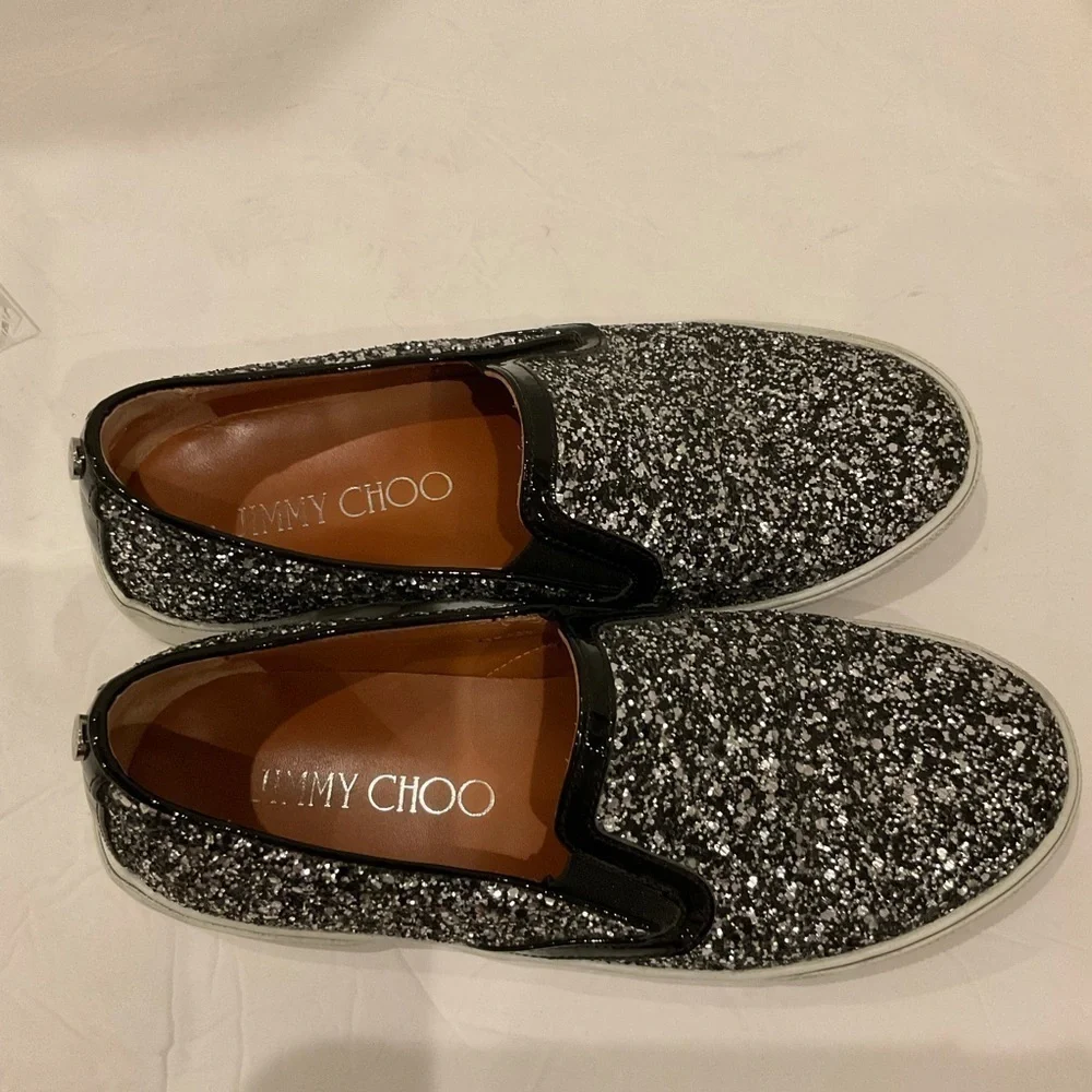 Jimmy Choo Demi Coarse Glitter Slip-Ons Sneakers Black and Silver - Picture 10 of 15
